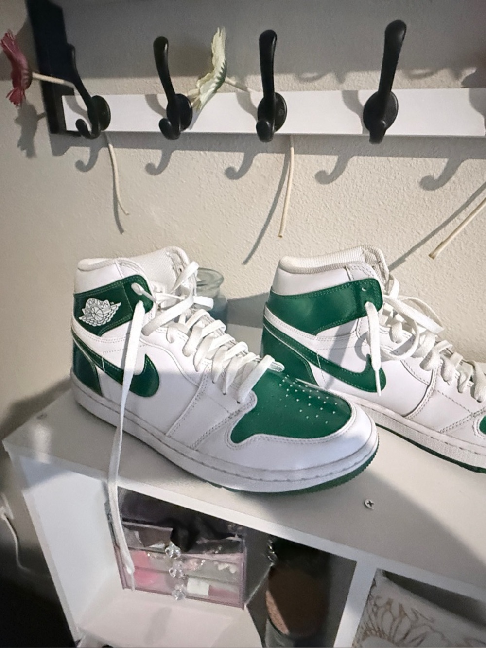Jordan White and Green High-Top Sneakers